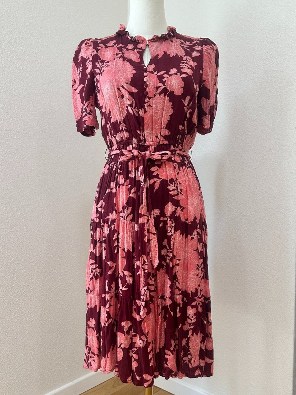 EUC Draper James RSVP Burgundy Pink Floral Puff Sleeve Midi Dress – Size XS